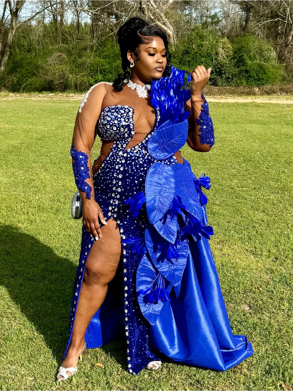Royal Blue Embellished Evening Gown with Floral Appliqué - Women's Dress